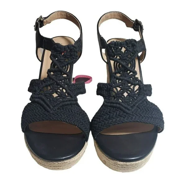 Sun Stone Womens Black Crochet Open Toe Espadrille Wedge Sandals Sz 9 9.5 8.5 10 - Picture 3 of 11